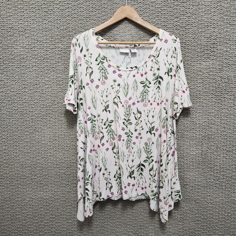 TABITHA WEBB Women's White Pink Green Floral Sharkbite Tunic Top 1X